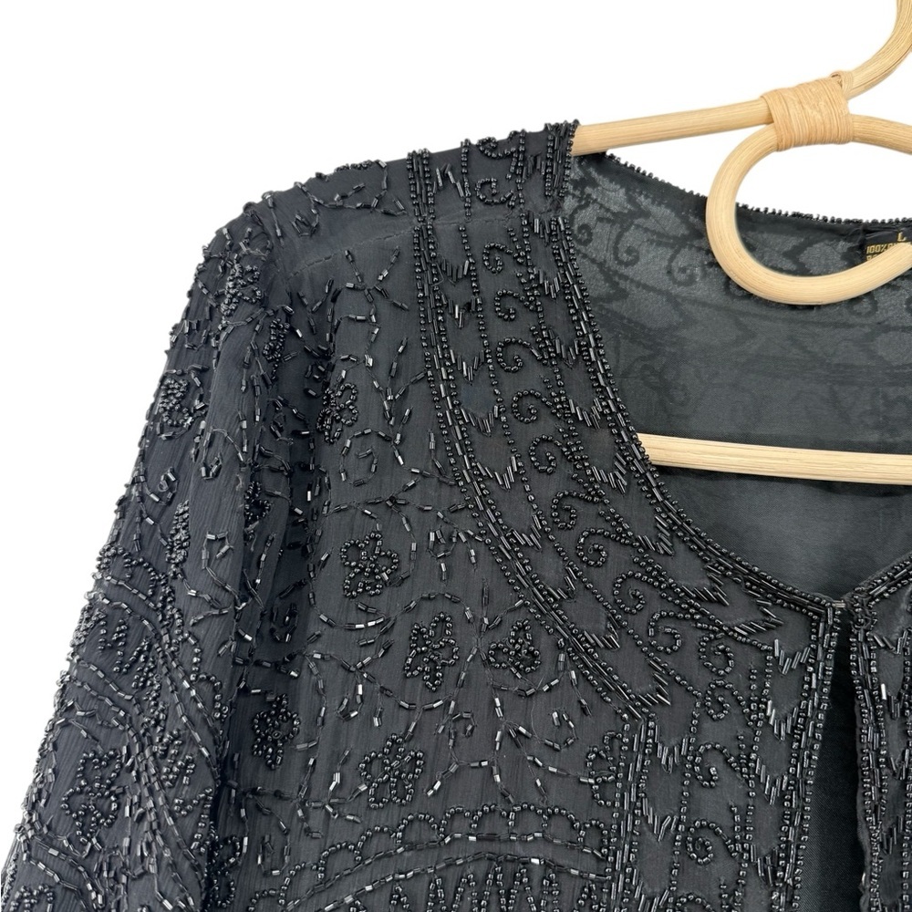 Vintage Black Beaded Silk Jacket Evening Top 100% Pure Silk Size L Y2K 80s 90s - Picture 5 of 16